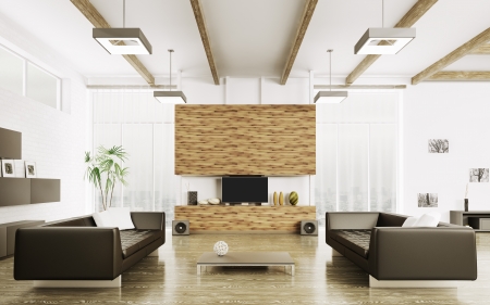 Interior of modern living room with two sofas 3d renderの写真素材