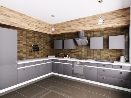 Modern kitchen with sink,gas cooktop and hood interior 3dの写真素材