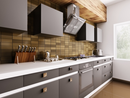 Modern kitchen with sink,gas cooktop and hood interior 3dの写真素材