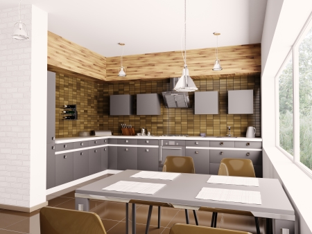 Modern kitchen with sink,gas cooktop and hood interior の写真素材