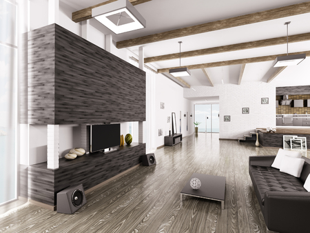 Interior of modern apartment living room hall  kitchenの写真素材