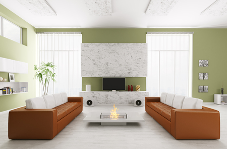 Interior of modern living room with two sofas and tv 3d renderの写真素材