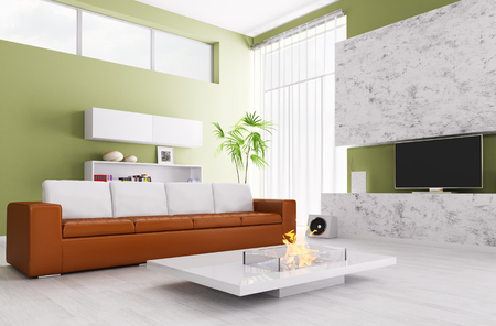 Interior of modern living room with sofa,fireplace and tv 3d renderの写真素材