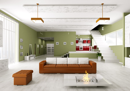 Interior of modern apartment living room hall kitchenの写真素材