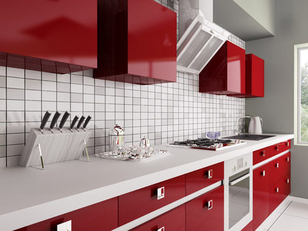 Modern red kitchen with sink,gas stove interior 3dの写真素材