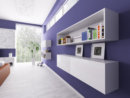 Interior of a room with bookshelves 3d renderの写真素材
