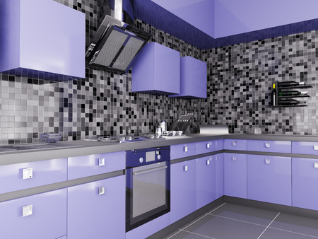 Interior of modern violet kitchen 3d renderの写真素材