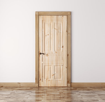 Interior with classic natural pine wood doorの写真素材