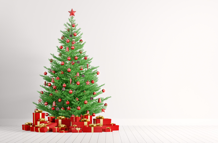 Interior of a white room with christmas fir tree and red gifts 3d renderの写真素材