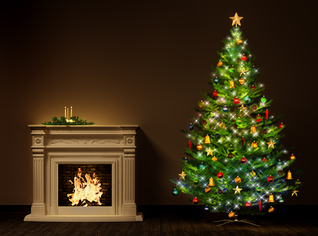 Christmas night interior with decorated fir tree and fireplace 3d renderingの写真素材