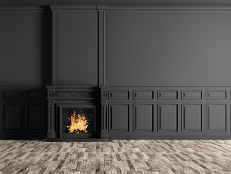 Interior of empty classic room with fireplace over black panels wall 3d renderingの写真素材