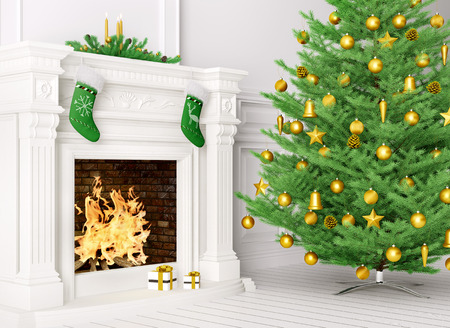 Classic interior of a room with christmas fir tree, fireplace,gifts,candles,stockings 3d renderingの写真素材