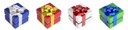 Colorful christmas gift boxes, presents with bows and ribbons isolated 3d renderingの写真素材