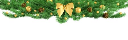 Christmas fir branch ornament with golden bow, baubles, pine cones isolated 3d renderingの写真素材