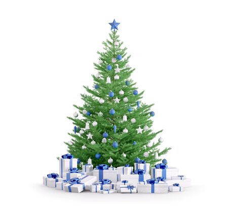 Christmas tree with blue silver baubles, gifts isolated over white 3d renderの写真素材