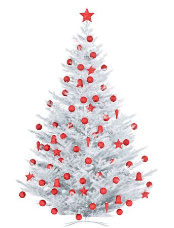 White Christmas tree with red baubles isolated 3d renderingの写真素材