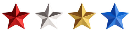 Four stars,red, silver, golden and blue isolated over white 3d rendering