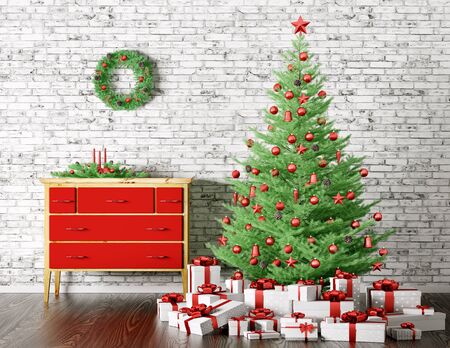 Christmas interior with decorated fir tree and gifts 3d renderingの写真素材