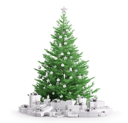 Christmas fir tree with baubles, gifts isolated over white 3d renderの写真素材