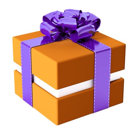 Orange gift box with purple bow and ribbons isolated 3d renderingの写真素材