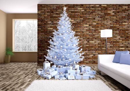 Modern winter christmas interior with blue fir tree 3d renderingの写真素材