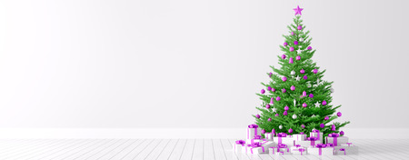 Interior background of a white room with christmas fir tree and gifts 3d renderの写真素材