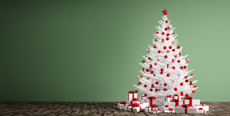 Interior of a room with white christmas tree, red baubles and gifts over green wall 3d renderの写真素材