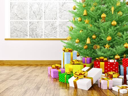 Christmas tree, golden baubles,gifts in a living room over window interior 3d renderingの写真素材