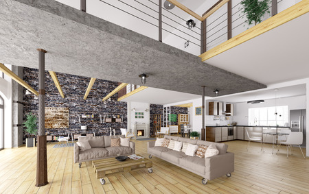Loft apartment interior, dining, living room, kitchen 3d renderingの写真素材