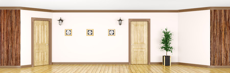 Interior of a room with classic wooden doors and paneling panorama 3d renderingの写真素材