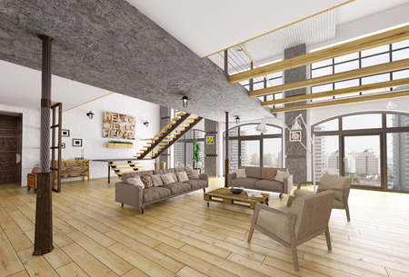Loft apartment interior, living room, staircase 3d renderingの写真素材