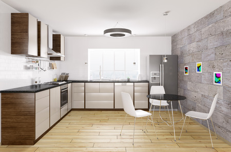 Modern kitchen with black granite counter, window,table and chairs interior 3d renderingの写真素材