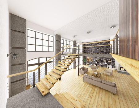 Loft apartment interior, living room, staircase 3d renderingの写真素材