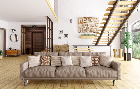 Modern interior of living room and hall, staircase, sofa with cushions 3d renderingの写真素材