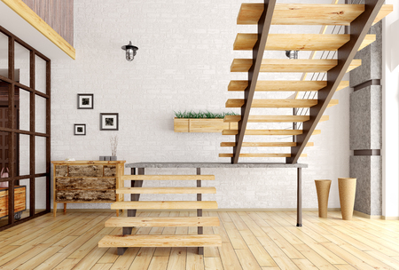 Modern interior of a room with staircase 3d renderの写真素材