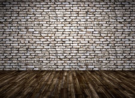 Interior of a room with grunge brick wall and wooden floor background 3d renderの写真素材
