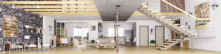 Panorama of modern loft apartment interior, living room, hall, kitchen, dining room,staircase, 3d renderingの写真素材