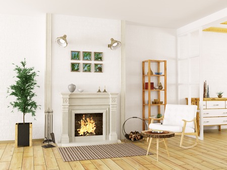 Cozy interior of living room with fireplace and rocking chair 3d renderの写真素材