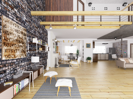 Interior of modern apartment, living room, dining room,kitchen, lounge area 3d renderの写真素材