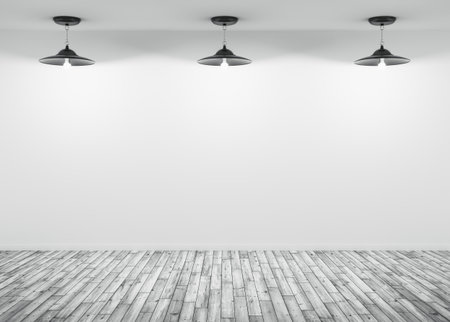 Interior background, room with lamps over the white wall, wooden floor 3d renderの写真素材