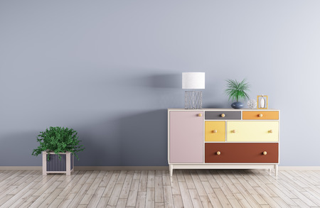 Interior of a room with cabinet and plant over blue wall 3d renderの写真素材