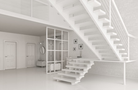Interior of white entrance hall with staircase 3d rendering