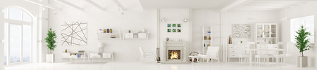 Interior of white apartment, living room, dining room, lounge area with fireplace, panorama 3d renderingの写真素材