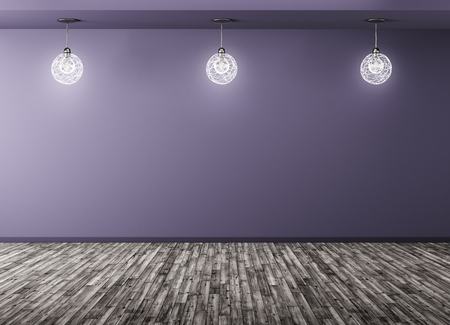 Three lamps in empty room with purple wall and wooden floor interior background 3d renderingの写真素材
