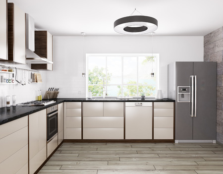 Interior of modern kitchen, fridge,dishwasher,oven 3d renderingの写真素材