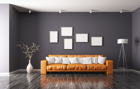 Modern interior of living room with orange sofa, floor lamp 3d renderingの写真素材