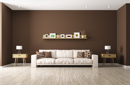 Modern interior of living room with beige sofa, shelf, side tables 3d renderingの写真素材