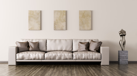 Modern interior of living room with beige leather sofa and statue 3d renderingの写真素材