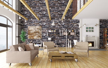 Interior of modern living room with sofa, armchairs, pallet table 3d renderingの写真素材
