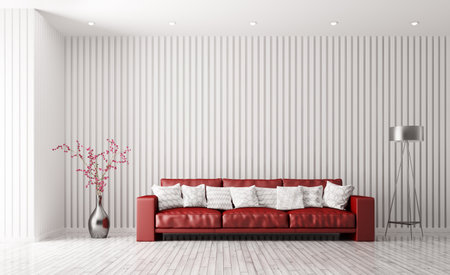 Modern interior of white living room with red sofa, floor lamp and plant 3d renderingの写真素材